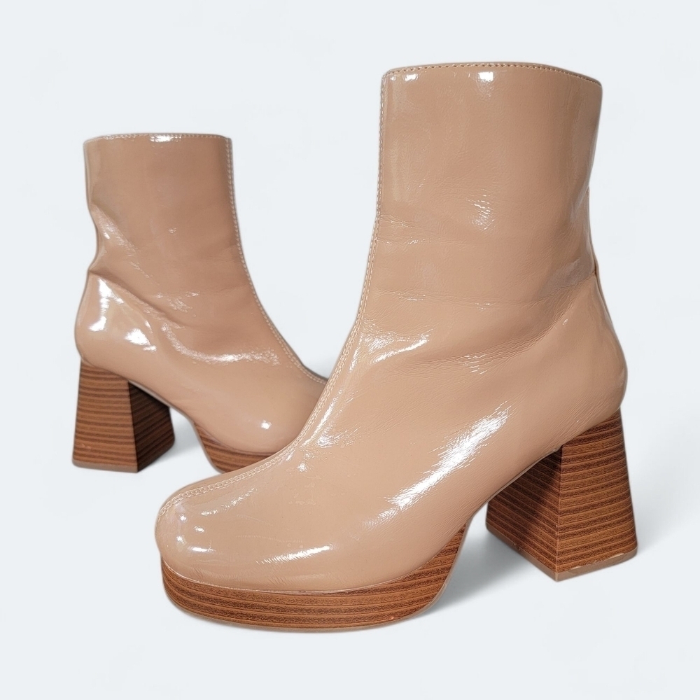Soda Tan Patent Leather Ankle Boots Size 7.5 Retro Y2K 90s Chunky Block Heel